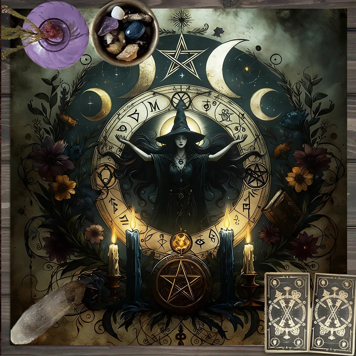 Tarot Cloth Small Tarot Cloth Three Card Spread 1Pc, Vintage Flower Altar Cloth, Moon Night Witch Magic Astrolabe Rune view 3