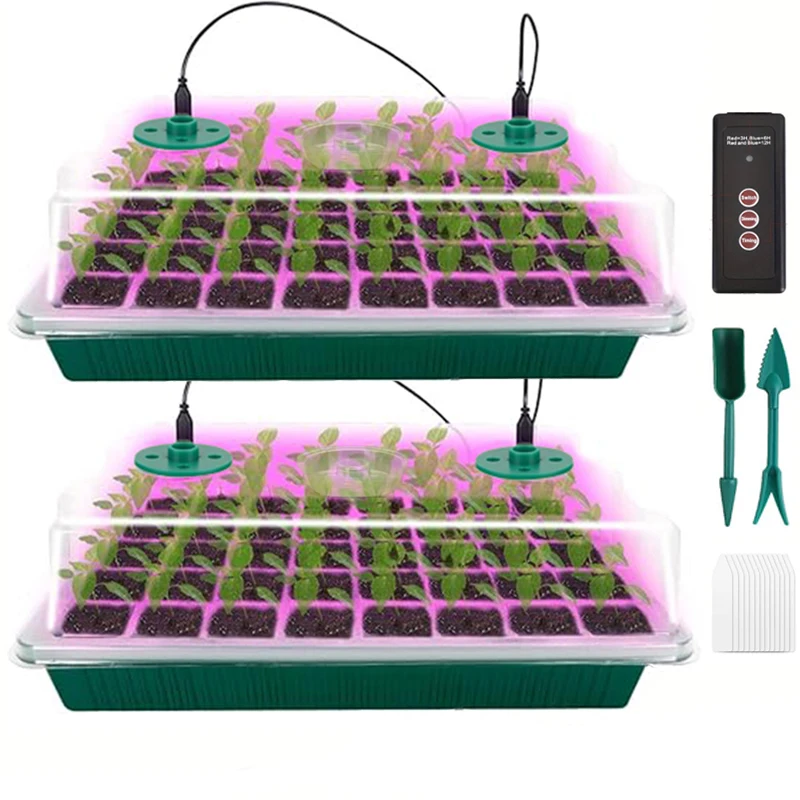 

Seed starter discs with grow lights, 2 packs of 80 hole seed germination kits with adjustable humidity domes with smart timer