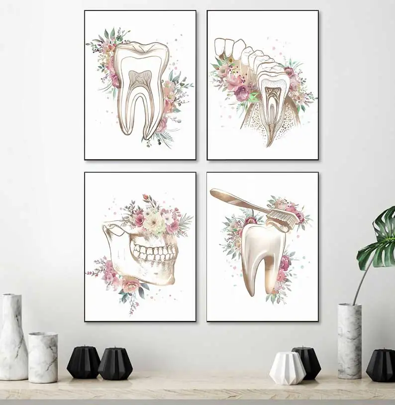 Pintura floral de arte de anatomía dental, carteles de odontología de acuarela, fotos de pared para decoración de clínica dental, impresiones en lienzo de salud bucal