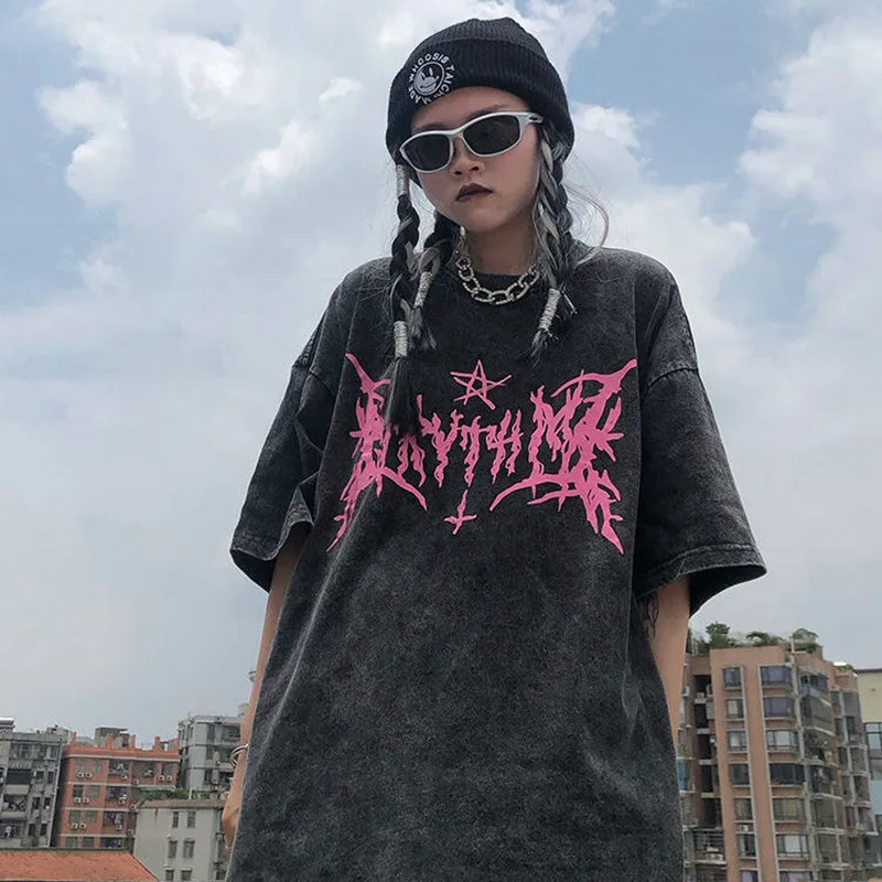 Y2K hip hop vintage 90s krótki rękaw Oversized t-shirt lato goth design sense luźny top fala streetwear sprany dżins T-shirt