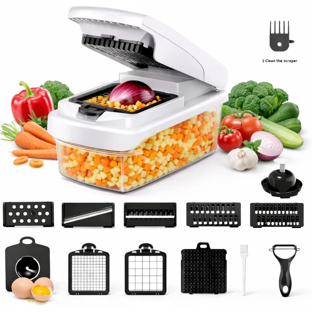Picador de verduras 12 en 1 con contenedor – Cortador mandolina, picador de cebolla, picador de alimentos, rallador de queso y cortador de patatas fritas – Utensilio de cocina multifuncional con 8 cuchillas, separador de huevos y pelador