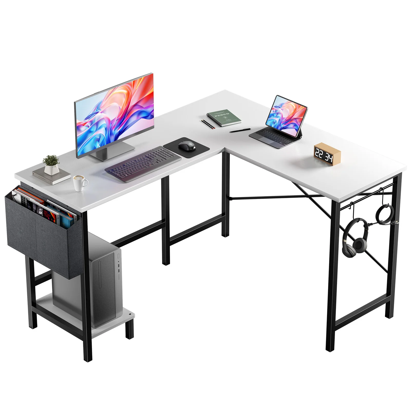 JHK 50 Inch L-shaped Gaming Corner Table With Storage Shelf Office Writing PC Wooden Table with CPU Side Bag and Two Hooks for Home Office Bedroom Small Space