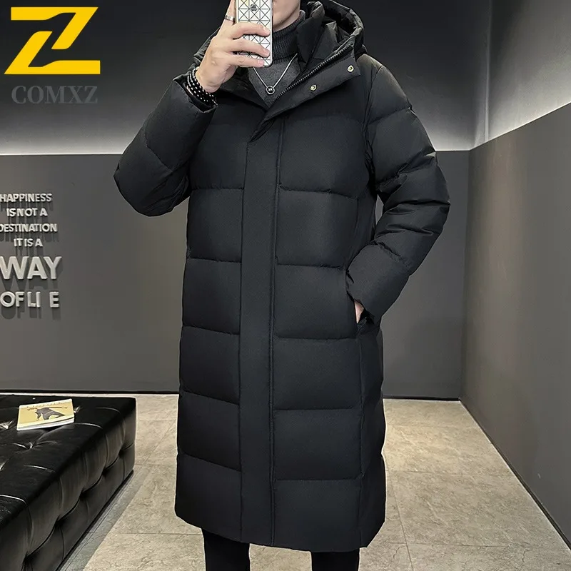 COMXZ Casual Hooded Men Down Jacket Commuting Office Thick Warm Parka Pure Color Exploration Cold Protection Winter Down Coat