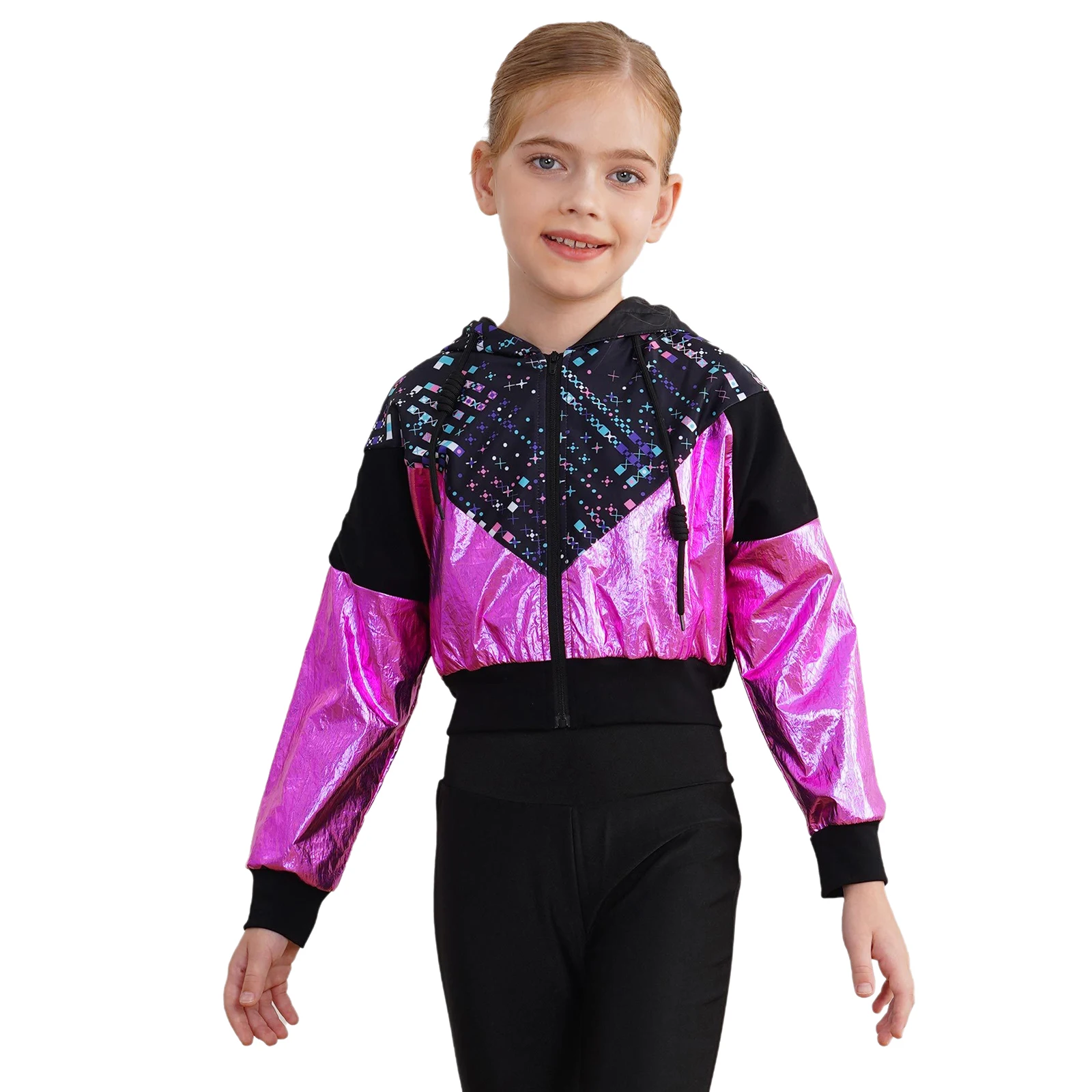 

Kids Girls Hooded Long Sleeve Zipper Jacket Fashion Print Short Jacket Casual Coat Dance Outerwear for Street Hip Hop Dance