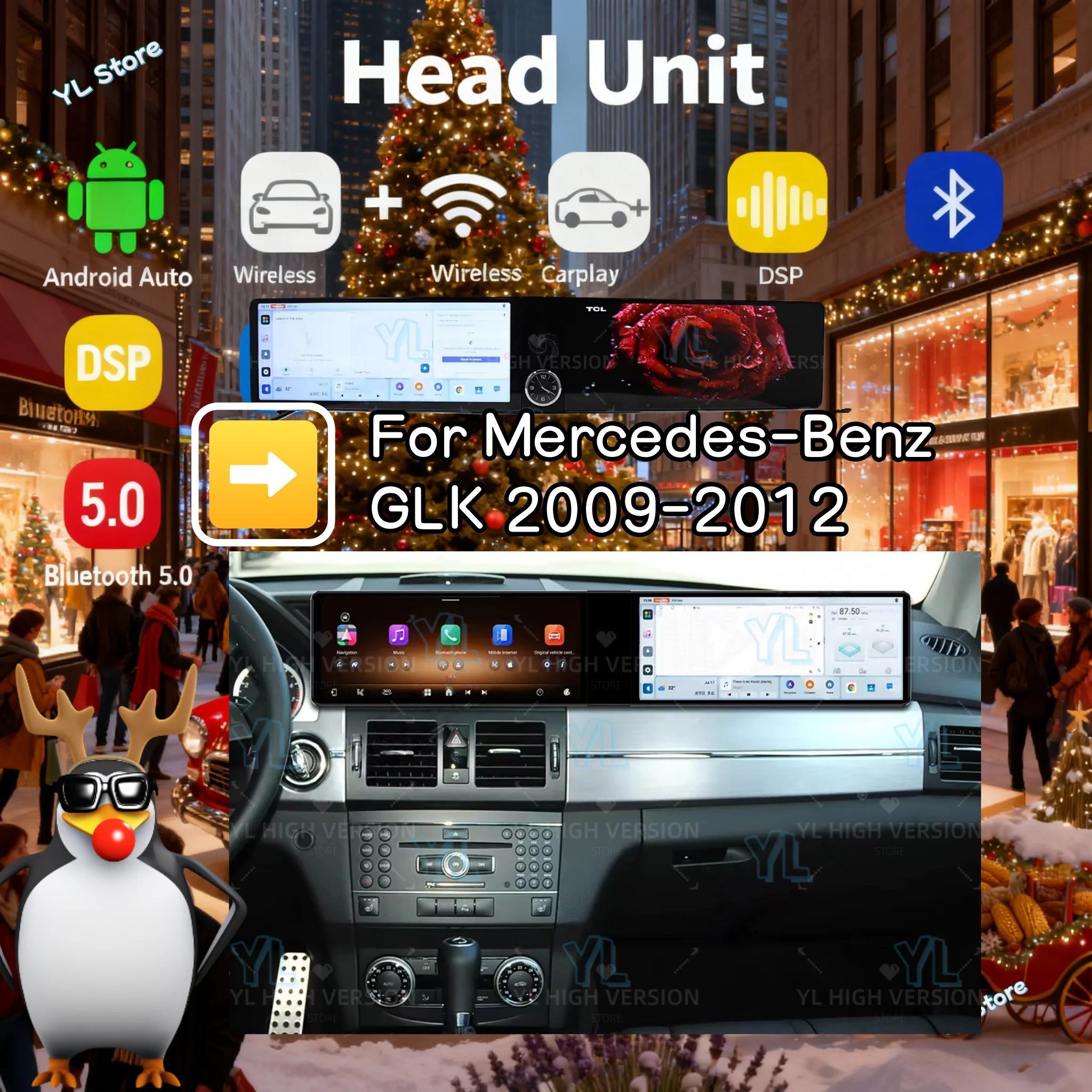 

Двойной 12,3-дюймовый HD сенсорный экран Android 13, беспроводной CarPlay и Android Auto для Mercedes-Benz GLK-Class X204 2009-2012-головное устройство GPS