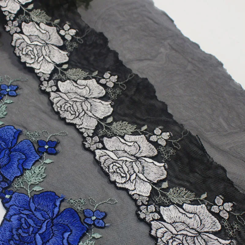 

18Yards Blue Grey Floral Embroidery Lace Trim Skirt Hem Clothes Sewing Material DIY Apparel Dress Fabric