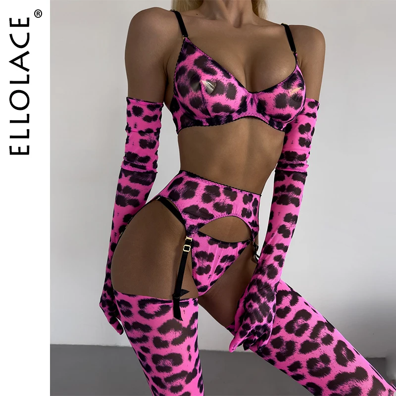 Ellolace Ensemble Leopard Lingerie Sexy Attractive Suspenders Erotic Hot Silk Underwear Stocking Animal Print Mulberry Outfit