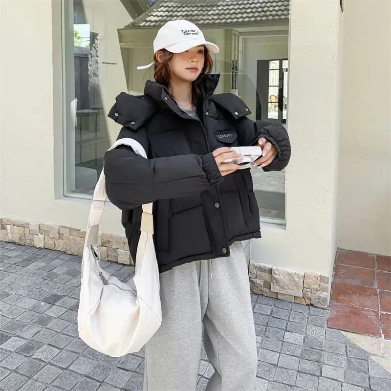 Nowa Zimowa Kurtka Damska Parki Krótkie Płaszcze z Kapturem Damska Parka Ciepła Gruba Kurtka Koreańska Luźna Bawełniana Kurtka Watowana Odzież Wierzchnia