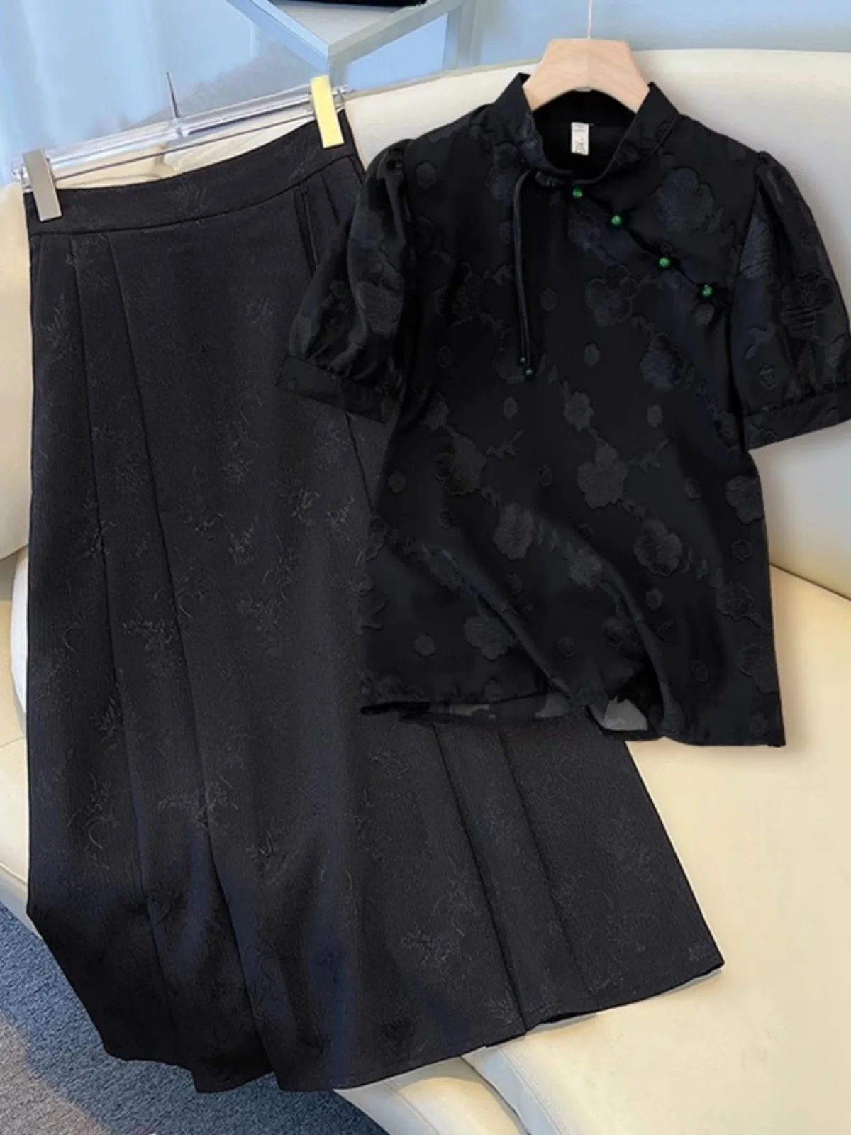 plus Size Women's Fashion Set Traditional Chinese Style Button up  Face Skirt Slimming Effect Complete Ensemble