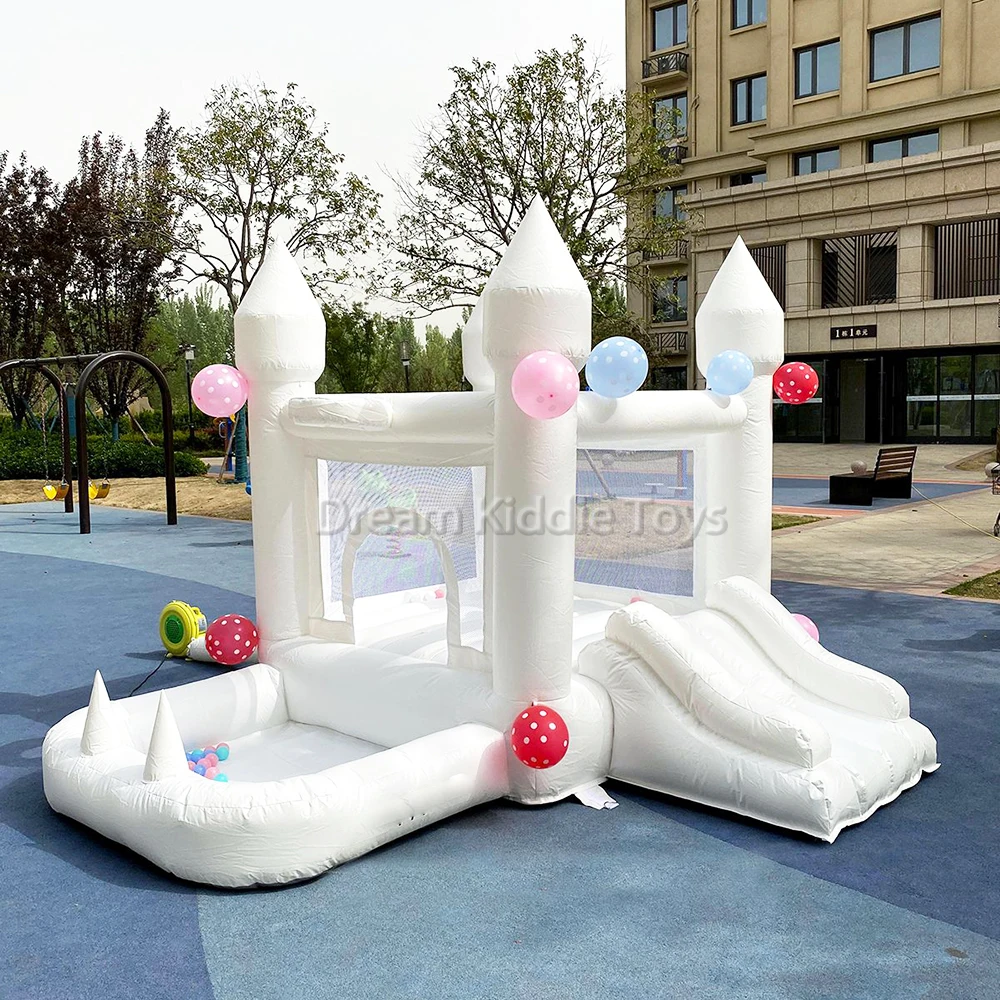 Witte Bounce Huis Pvc Opblaasbaar Springkasteel Met Glijbaan En Ballenbak Met Luchtblazer Voor Kinderen