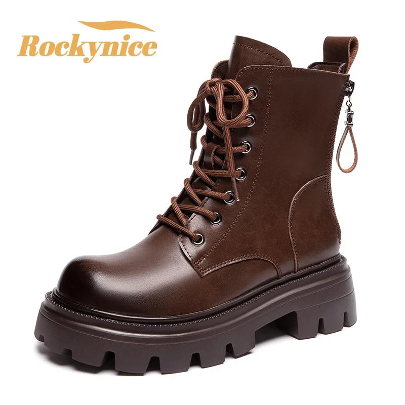 British Style Platform Ankle Boots For Women 2026 Autumn Winter Warm Shoes Thick High Heels Retro Genuine Leather Short Boots