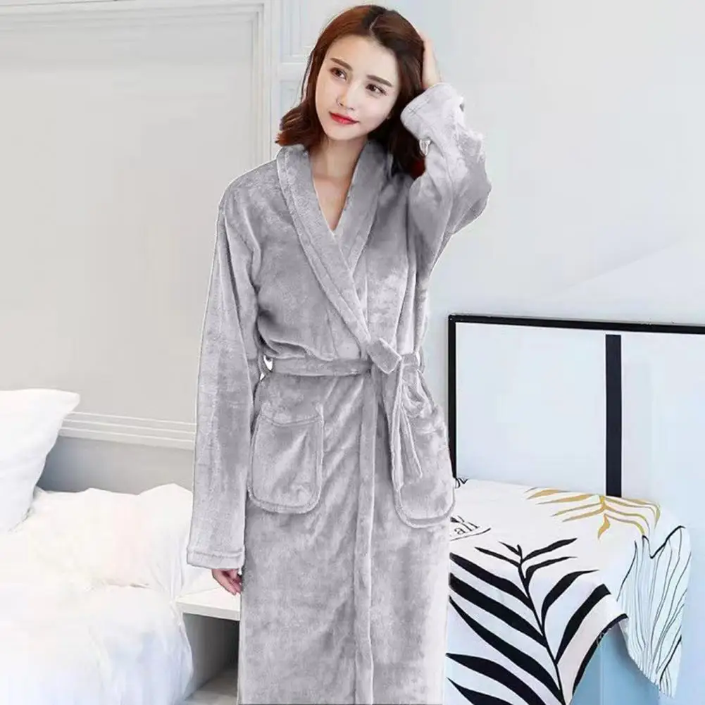 Unisex Winter Bathrobe Thick Warm Long Sleeve Cardigan Great Solid Color Lace Up Lapel Pockets Knee Length Nightgown