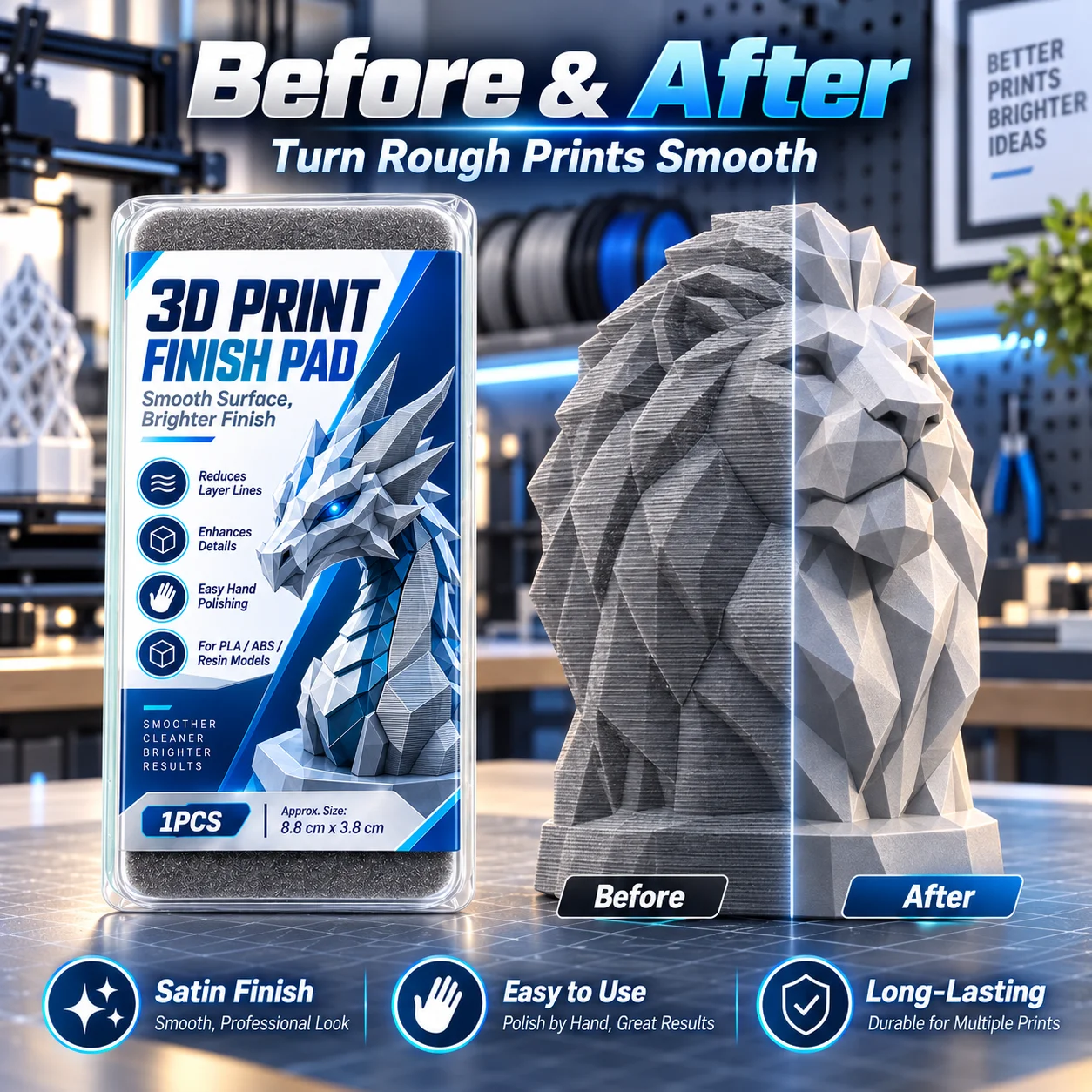 3D Print Finishing Pad, Reusable Polishing Sponge for PLA ABS PETG Resin Models, Surface Smoothing Tool for Props & Miniatures