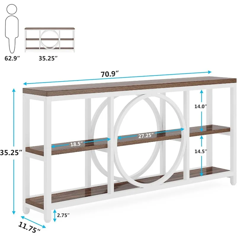 Extra Long Narrow Entryway Tables with 3 Tier Wood Storage Shelves Industrial Metal Frame for Foyer Hallway