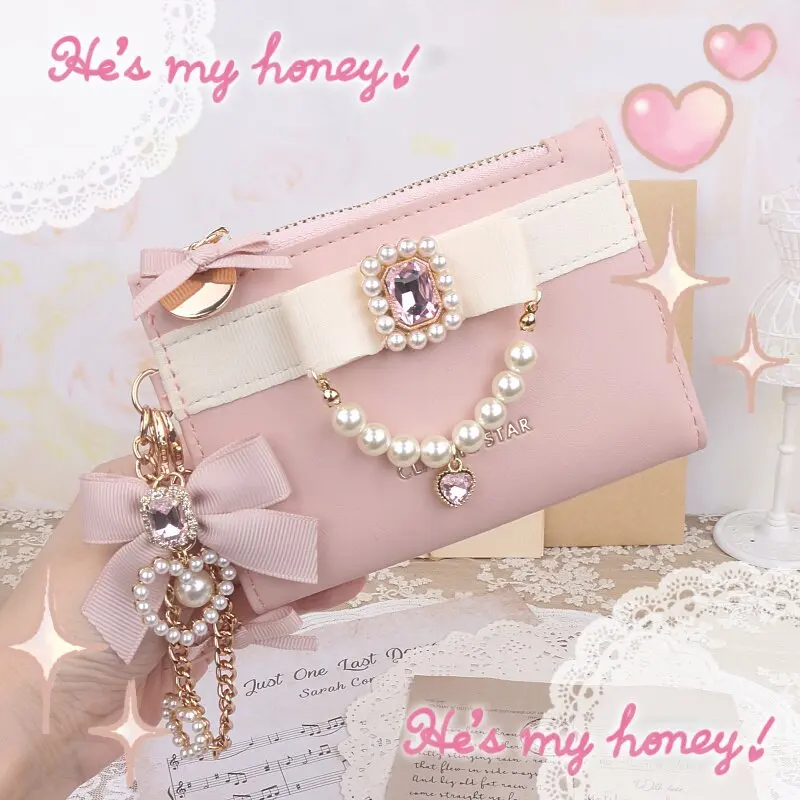 

Handmade Sweet and Cute Lolita Wallets Chain Bow Pendant Pearl Beaded Purse for Women's Short Wallet
