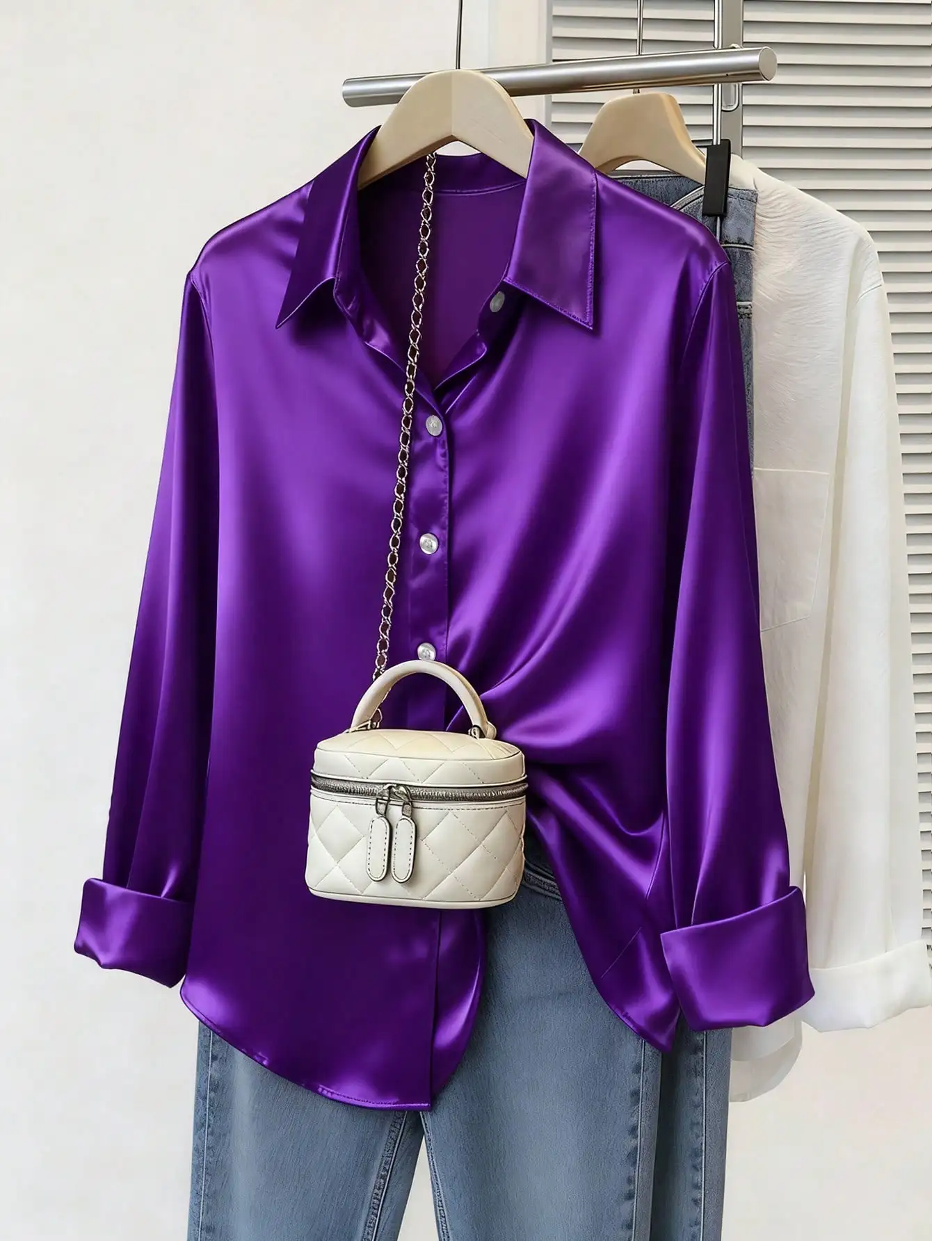 

Women's Purple Satin Button-Up Shirt, Loose Fit, Casual All-Season Blouse