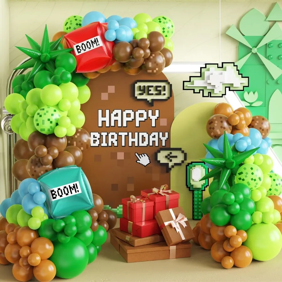 147Pcs Kit Dekorasi Balon Video Game Pixel Hijau Coklat Biru Balon Lateks dengan Balon Foil Boom untuk Pesta Ulang Tahun Tema Gamer Anak Laki-laki