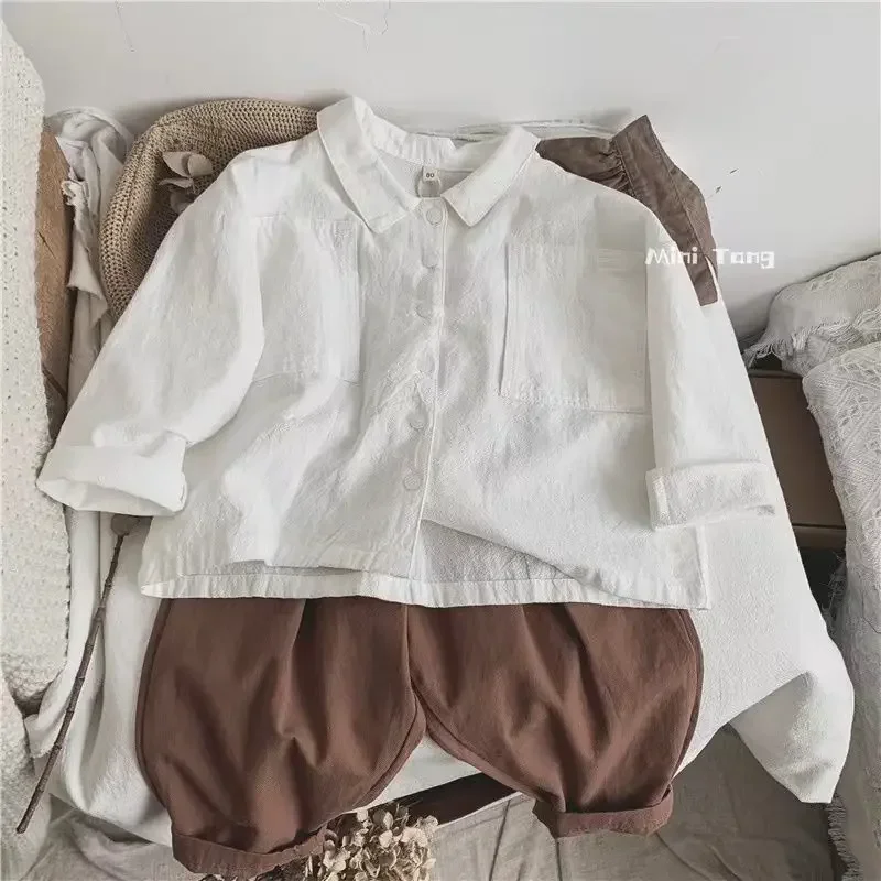 Kids Boys Casual Cotton Shirts 2024 New Arrival Linen Cardigan Tops Baby Boys Cute Bouses Shirts Autumn Winter Undershirts