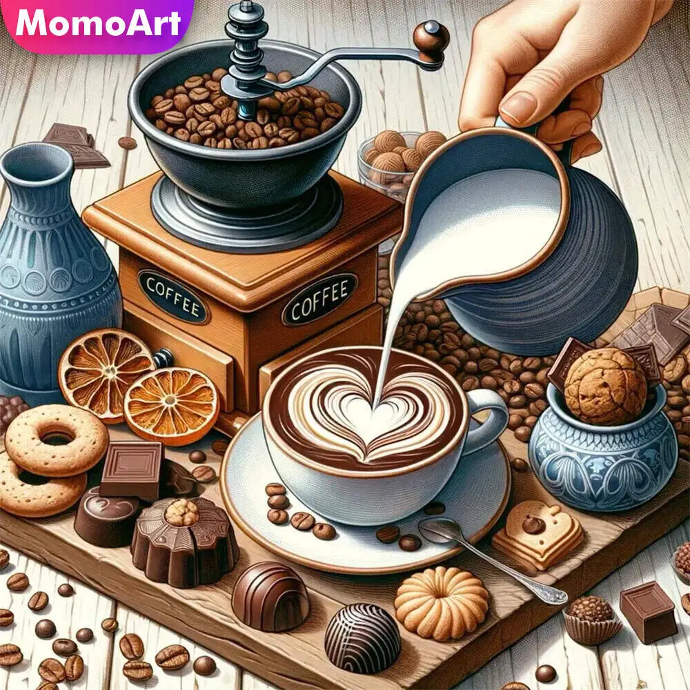 Momoart DIY Coffee Cup Diamond Embroidery Mosaic Biscuit Full Square Round Diamond Painting Scenery Home Decoration