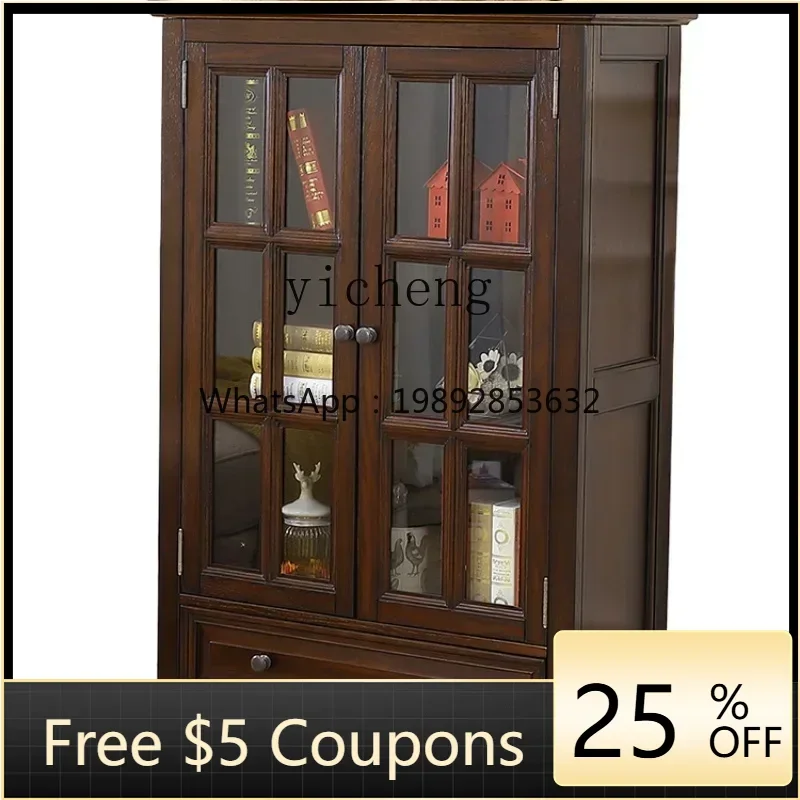 

ZF Middle Decorative Cabinet Glass Double Door Living Room TV Cabinet next to Wine Cabinet Pure Solid Wood