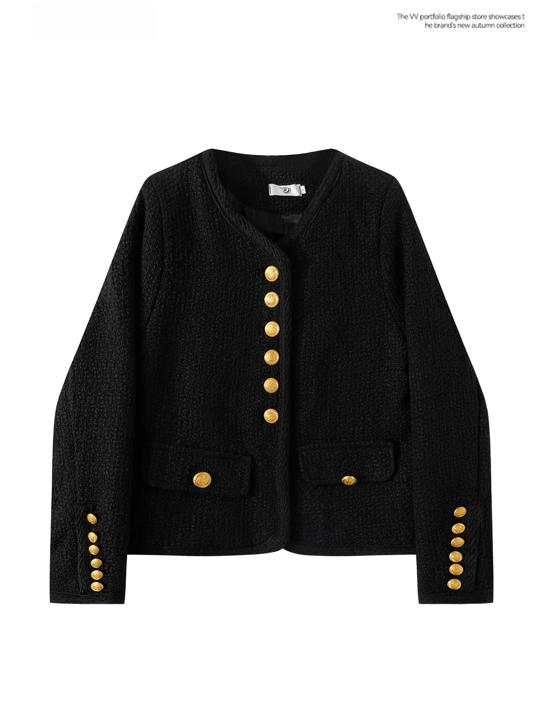 

Elegant Black Long Sleeve Short Jacket Women's Spring Slimming Loose Fashionable Versatile Top Button Detail Multi Pocket Design