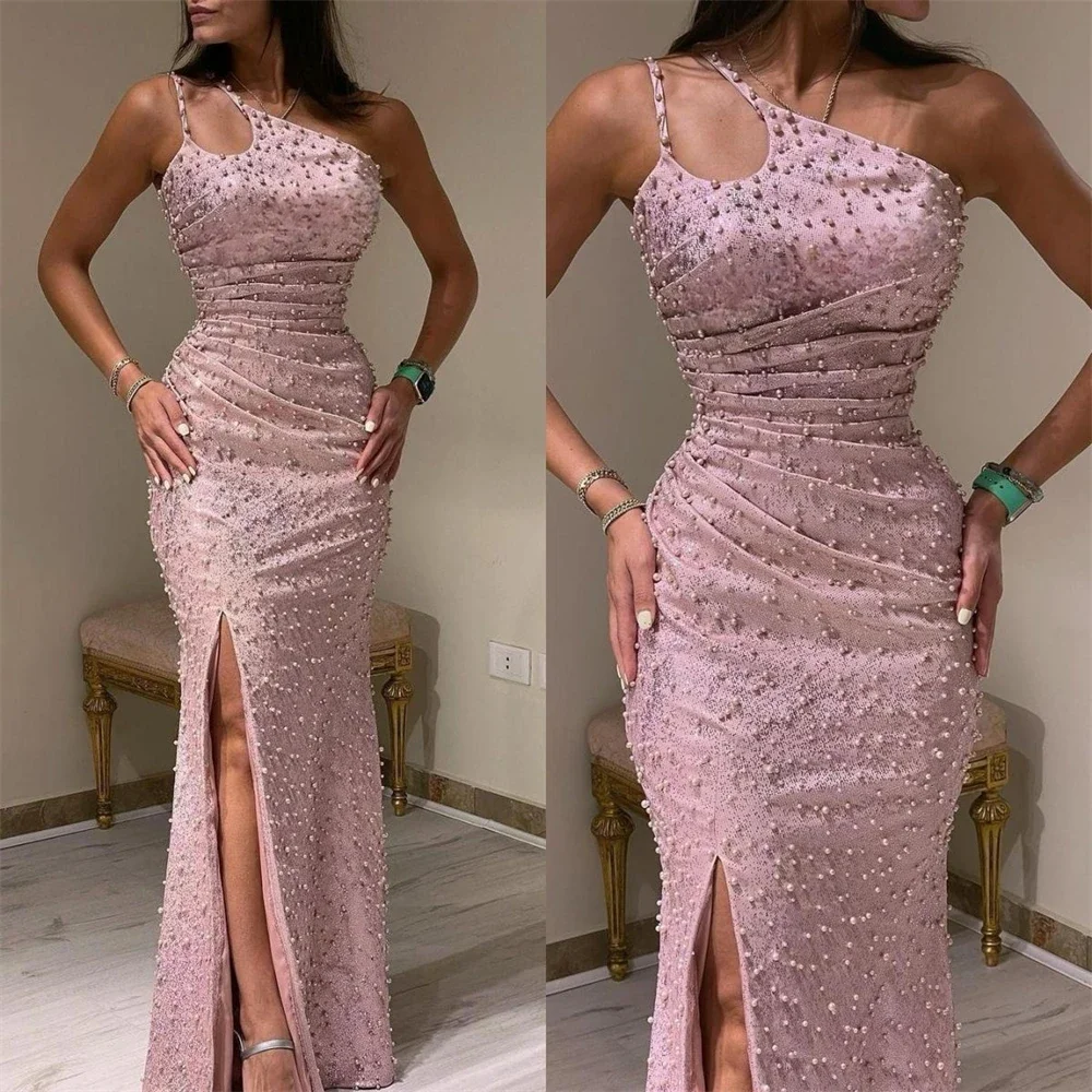 Customized Exquisite One-shoulder Sheath Cocktail Fold Hugging Pearls S Occasion Evening Gown vestidos de fiesta 2024 Hot Sale