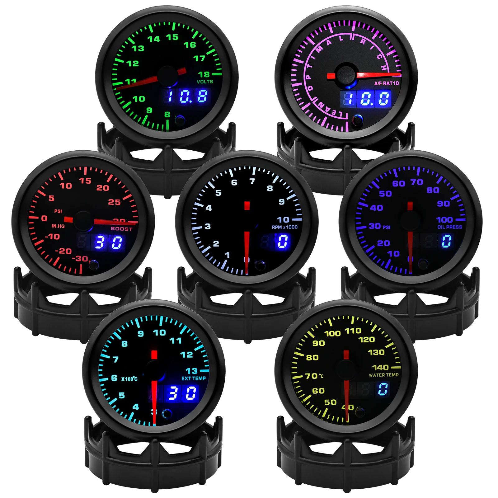 

2" 52mm 7 Colors LED Racing Gauge Boost/Water/Oil temp/Oil pressure/Volt/Air fuel Ratio/EGT/Tachometer Car Gauge +Gauge Pods 12V