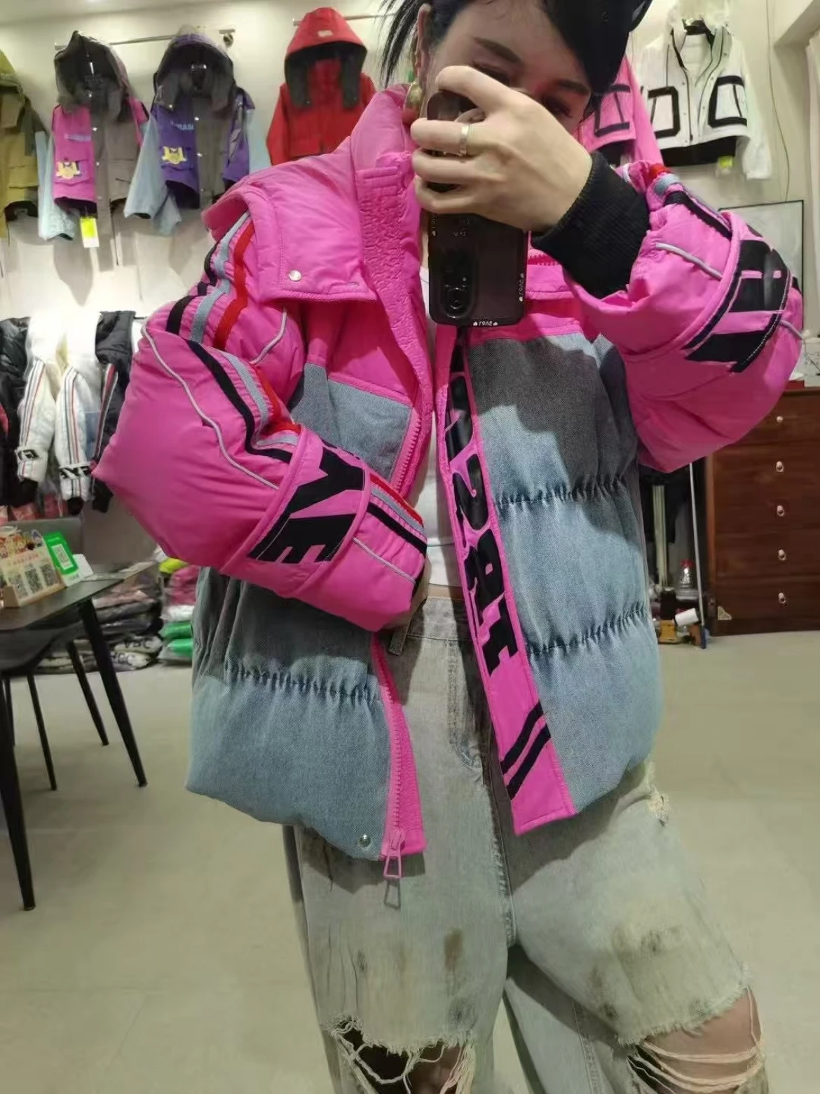 

European Motorcycle Style Personality Thickened Cotton Jacket for Women Winter Trendy Letter Print Patchwork Denim Loose Jacket