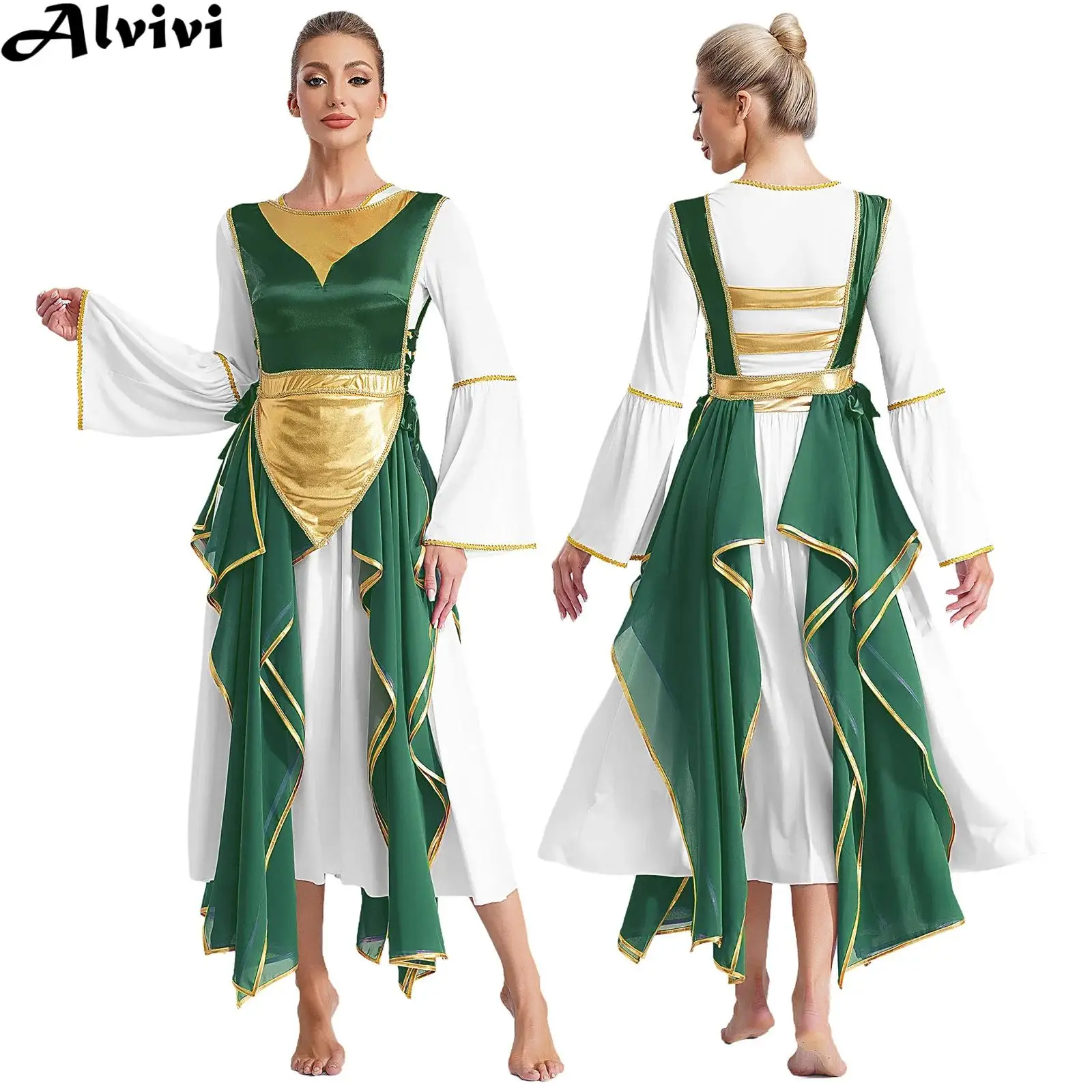 Vrouwen Moderne Lyrische Dans Jurk Kerkkoor Aanbidding Liturgische Tuniek Mouwloze Metallic Zijkanten Split Lace-up Onregelmatige Jurk