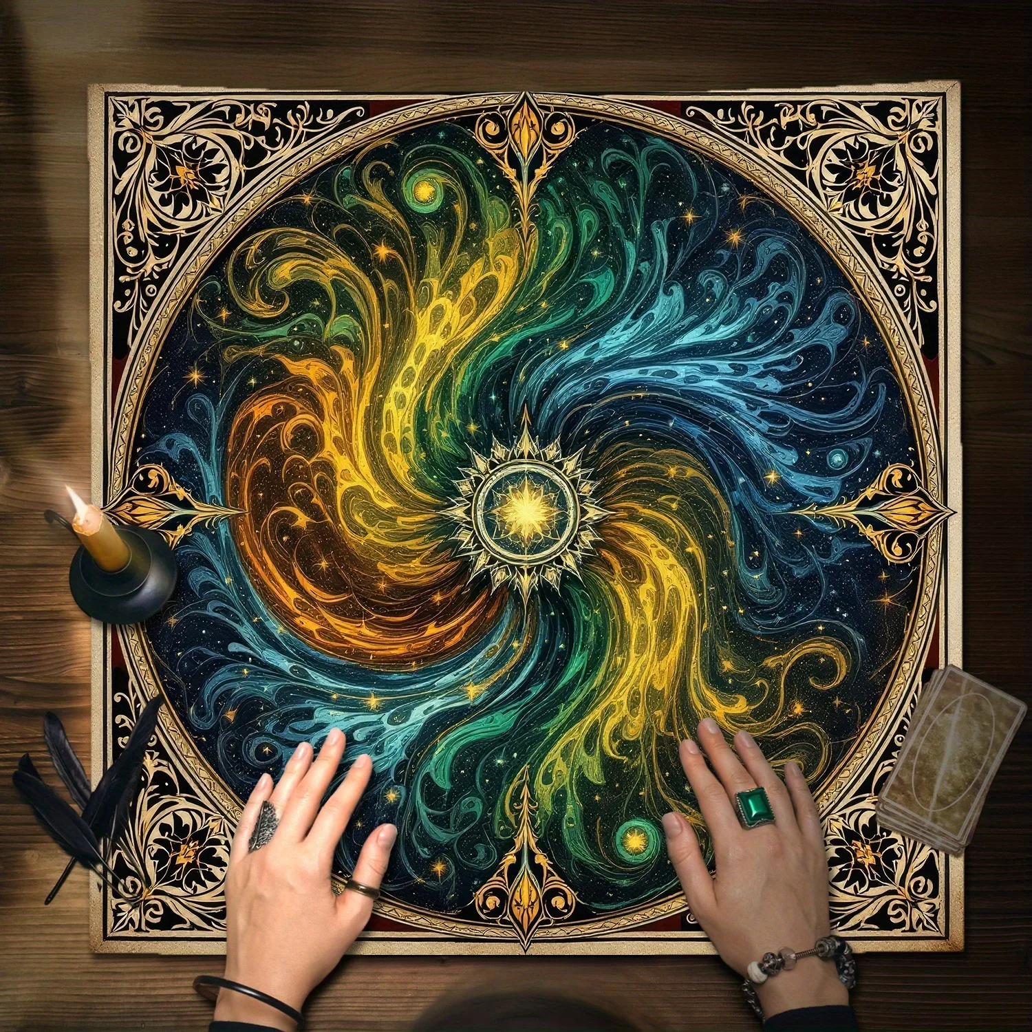 Alchemy Mandala Sun Tarot Cloth Multiple Sizes 2D HD Print Gold Border 100 Polyester Machine Wash Witch Altar Party Game Decor