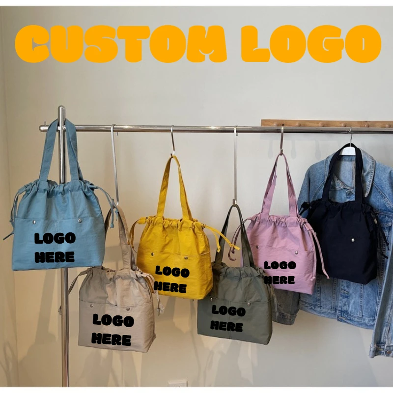 Custom Printed Logo Casual Solid Color Large Capacity Tote Bag Women's Shoulder Handbag Simple Drawstring Shopping Bags