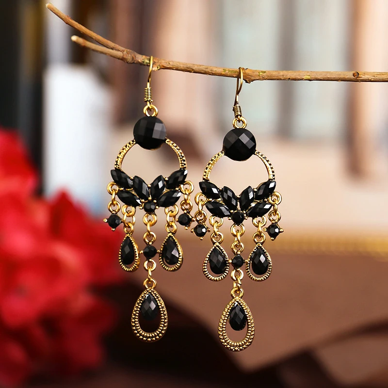 Black Ethnic Style Geometric Dangle Earrings for Women Retro Boho Long Acrylic Water Drop Earrings Female Jewelry