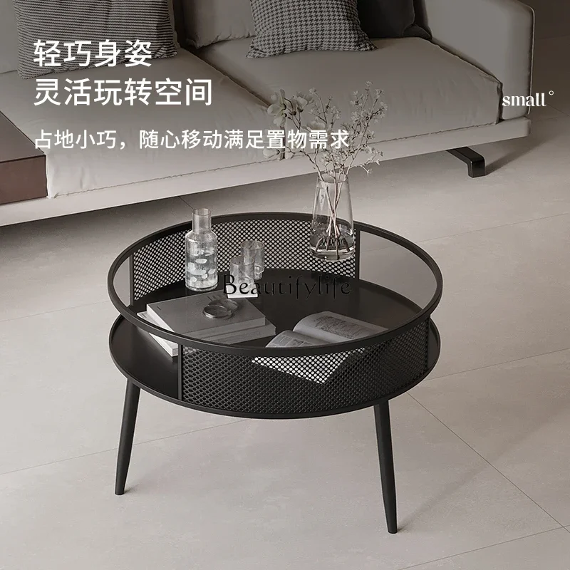 LJYC Cream Style Glass Round Small Coffee Table Light Luxury Simple Tea Table for Small Apartments