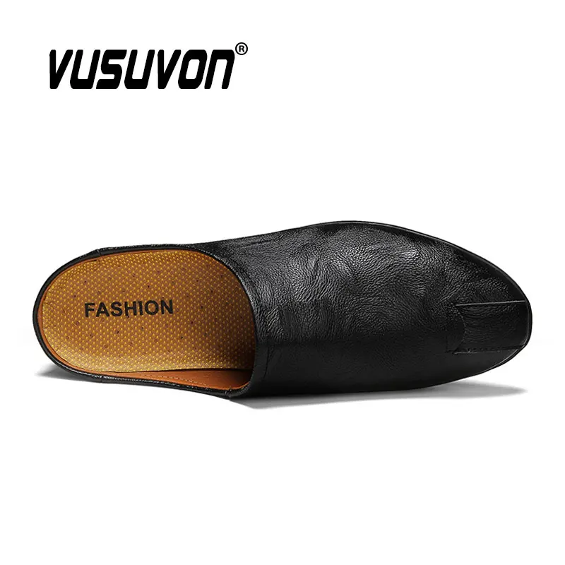 Genuine Cow Leather Black Men Half Shoes Mules Casual Fashion Loafers Summer Breathable Luxury Slippers 2023