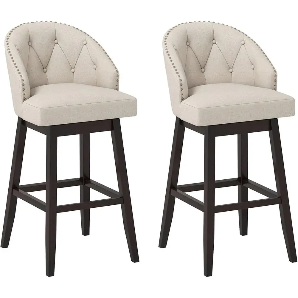 

Set of 2 31 Swivel Bar Stools with Button-Tufted Back, Rubber Wood, Rivet Accents, Linen Fabric for Kitchen Counter or Island, B