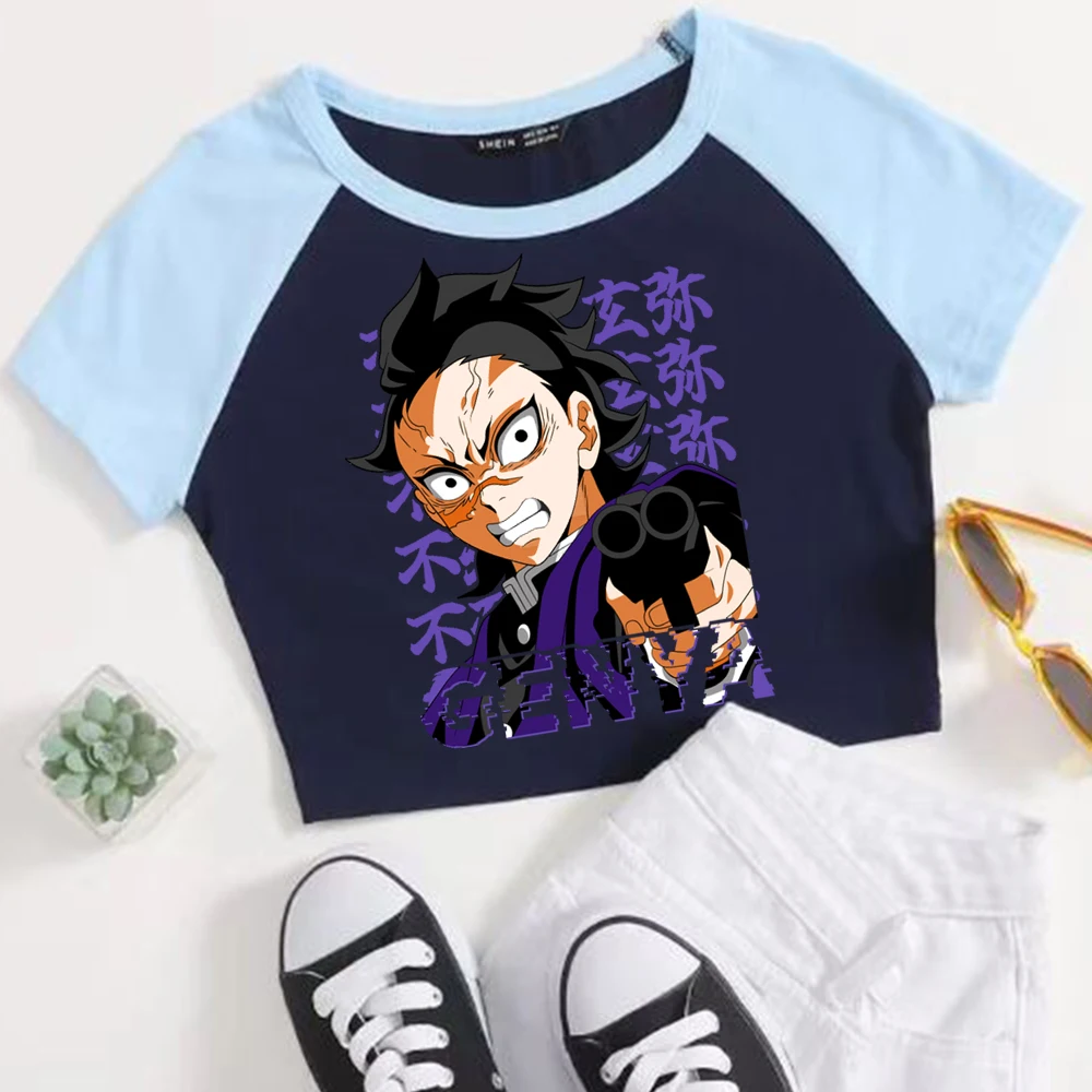 Anime Demon Slayer Shinazugawa Genya Crop Tops T-Shirt Girls Fashion Women O-Neck Short Sleeve Fans Gift T-shirt