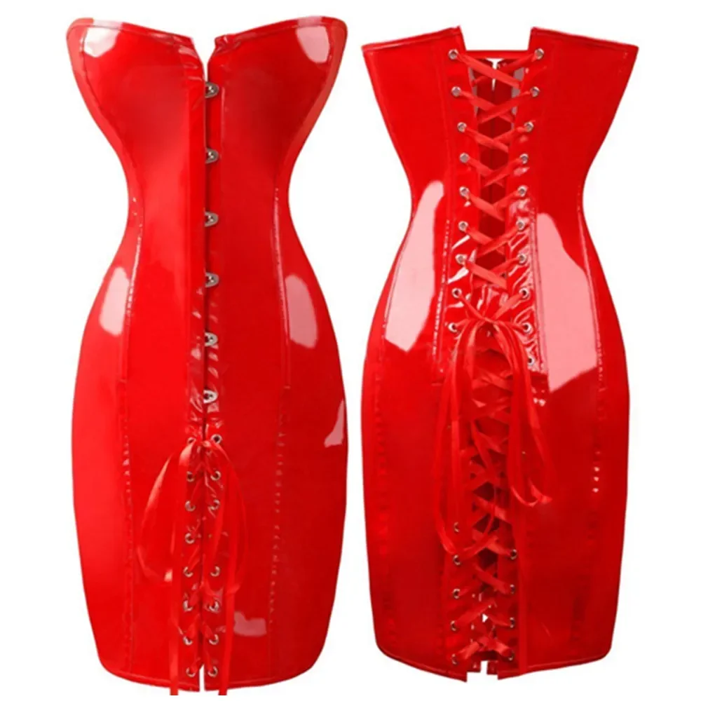 Steampunk Overbust Corselet Women Shiny PU Leather Long Torso Corset Dress Waist Trainer Bustiers Plus Size - Image 3
