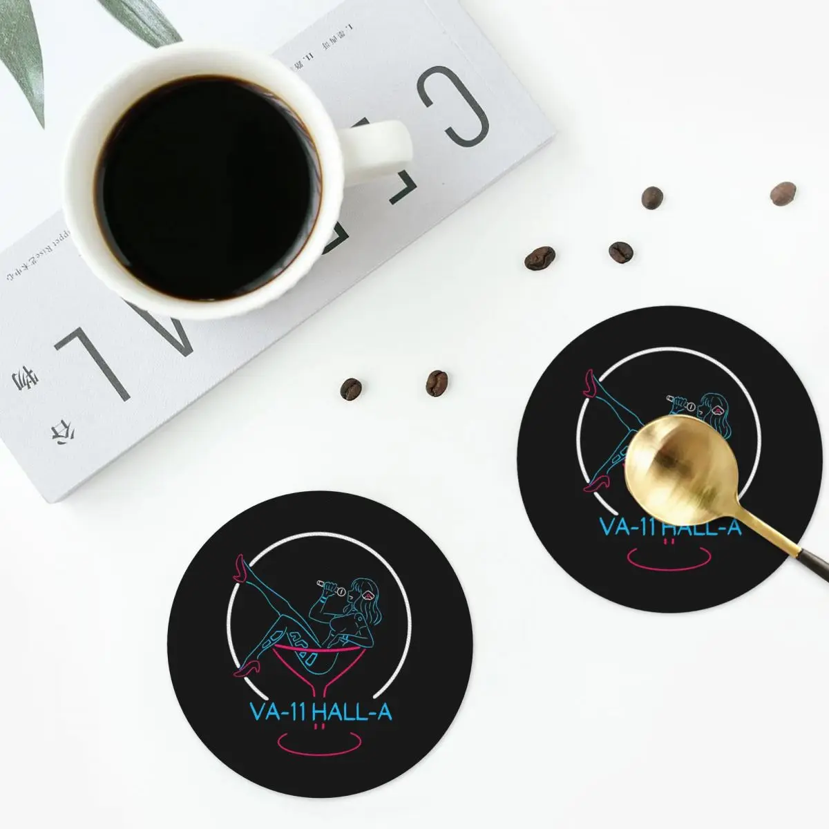 VA-11 Hall-A Neon Sign Coasters Kitchen Placemats Non-slip Insulation Cup Coffee Mats For Decor Home Tableware Pads Set of 4