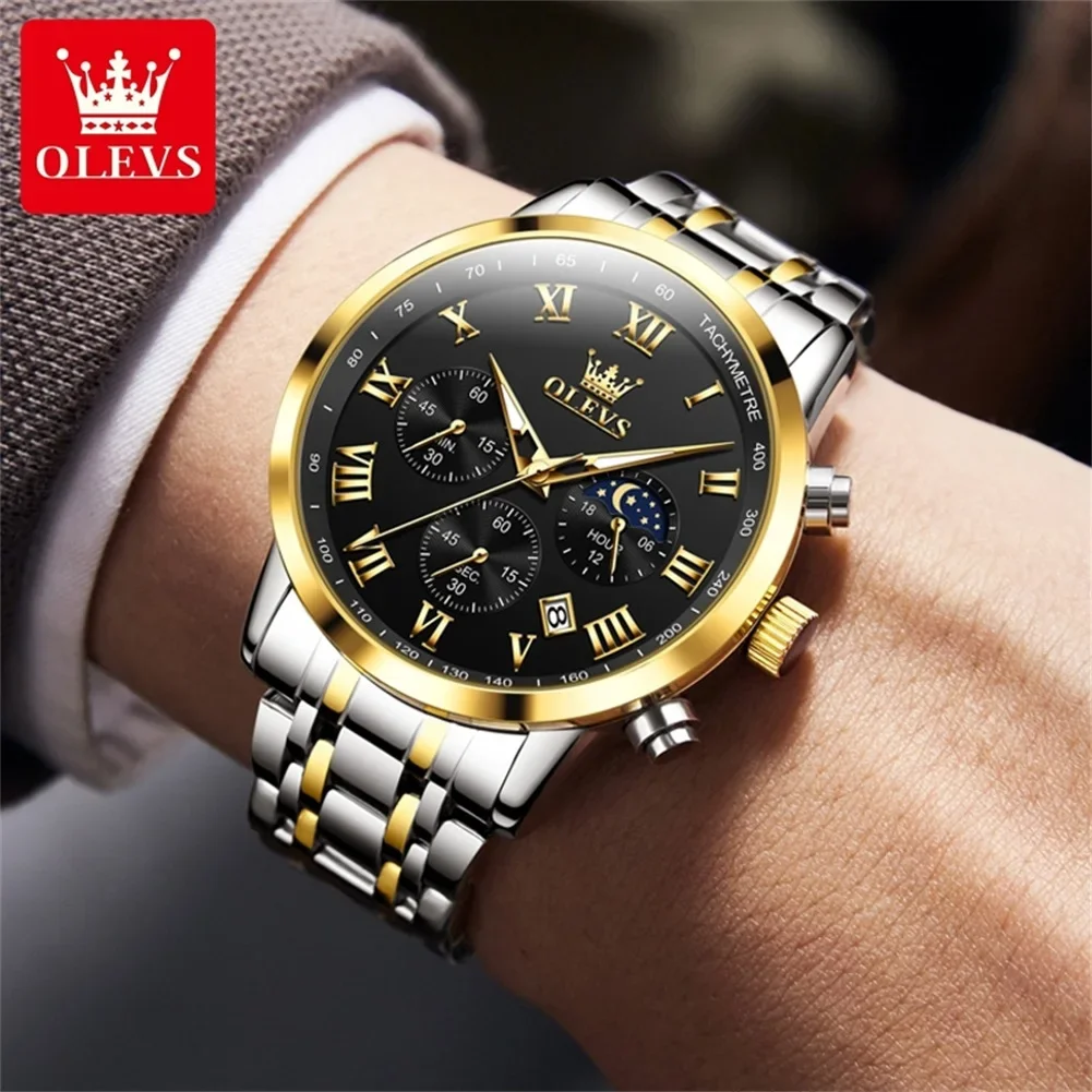 OLEVS Top Luxury Brand Men's Watch Waterproof New Quartz Men's Watch 5529 Stainless Steel Luminous Lunar Phase Timing Code Watch