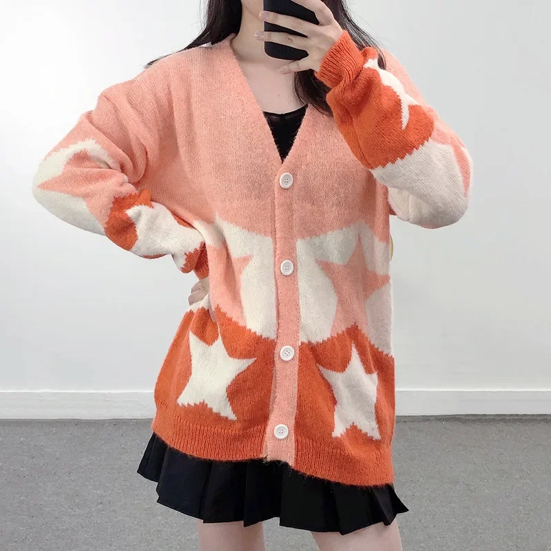 

2023 Autumn Winter Long Cardigan Sweater Women Contrast Color Five-pointed Star Knitted Cardigan Organge Sweater Coat Knitwear
