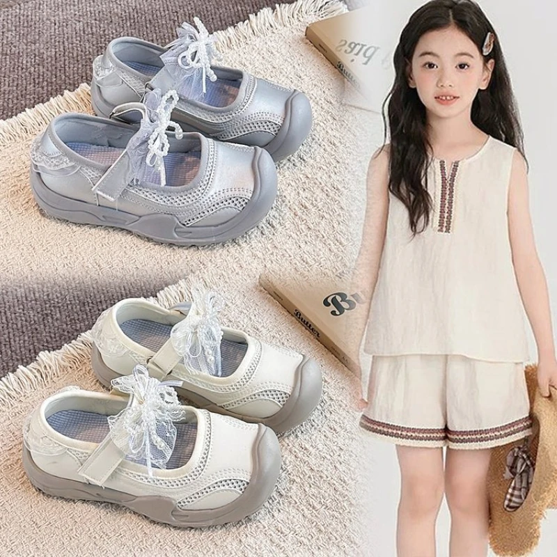 Sweet Children Fashion Shoes Princess Lace Bow Kids Causal Mary Jane Sneakers Mesh Lightweight Soft Soled Girls Daily Wear Shoes