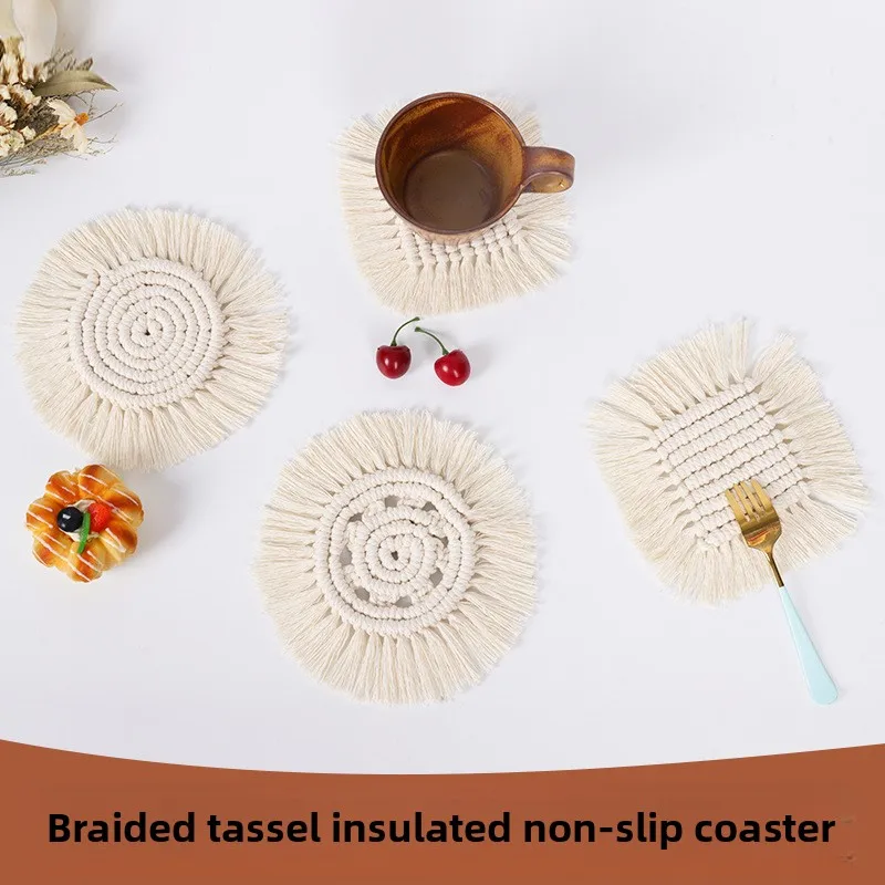 

Hand-woven Coasters Round Placemats Tassel Home Decor Heat-resistant Non-slip Coasters