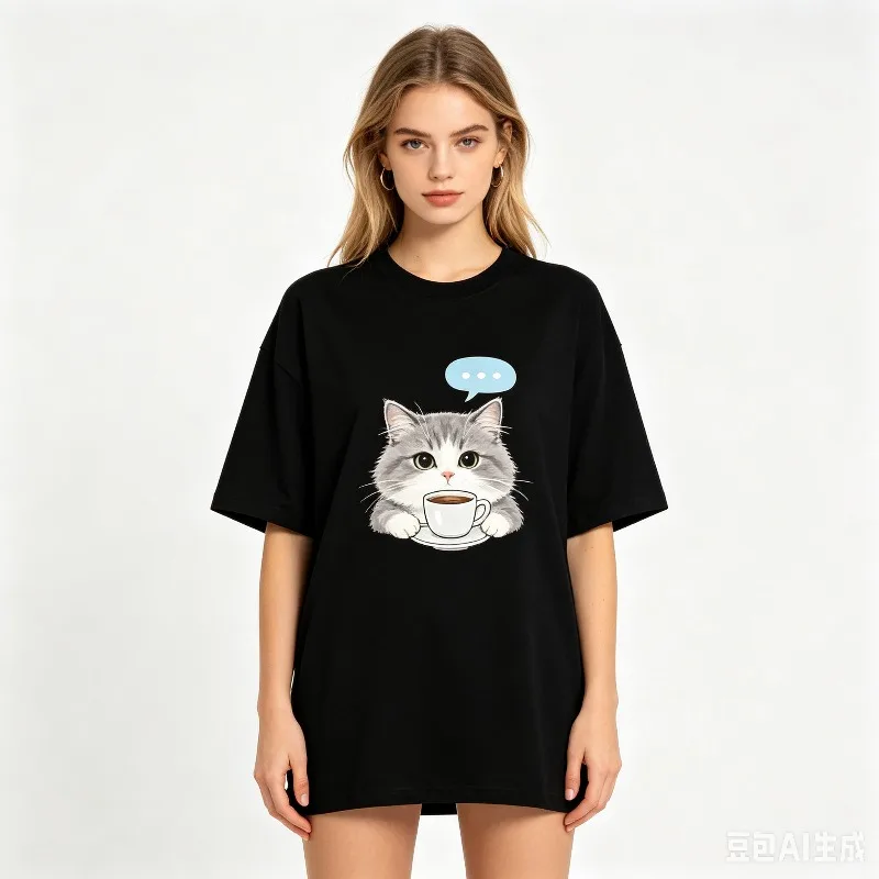 Funny Coffee Cat Meme Women T-Shirt, Cute Cat Speech Bubble Graphic Tee, Casual Top for  Daily Streetwear Black White Tops