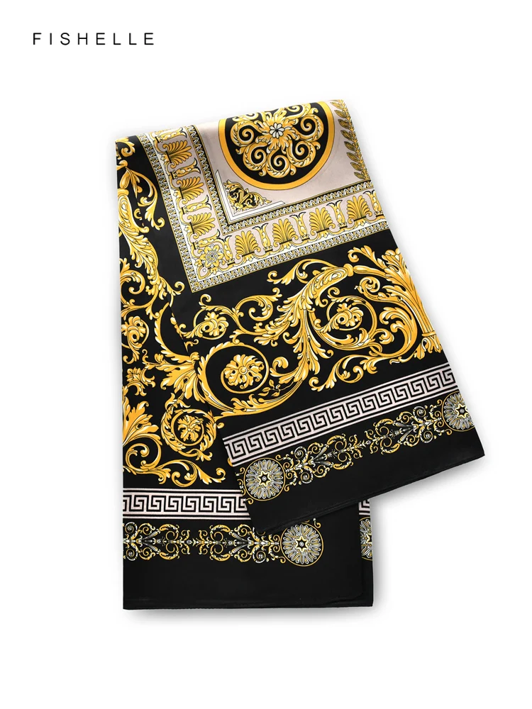 Exquisite patterns black&golden 100% natural silk scarf head band luxury gift women wrap bandana hijab shawl 90cm neckerchief