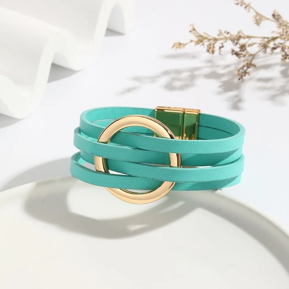 Bohemian Style Leather Bracelets Adjustable Wrap Closure Leather Surface Multilayer Wrap Bracelet Circle Cross Bracelet
