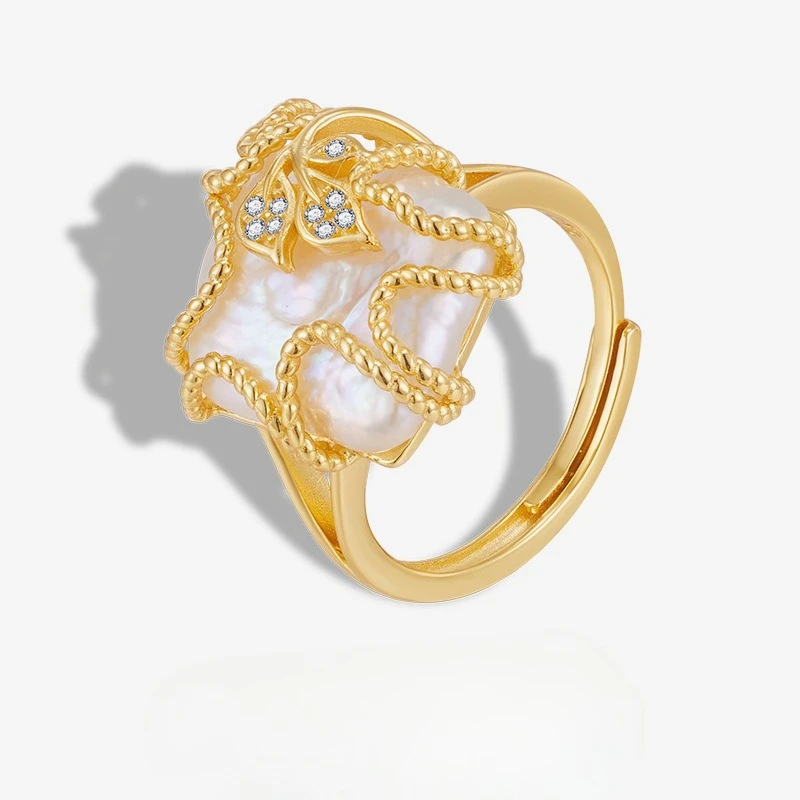 

925 Sterling Silver Baroque Shaped Pearl Ring, Female Niche Design, Personalized Geometric Square Opening Ring