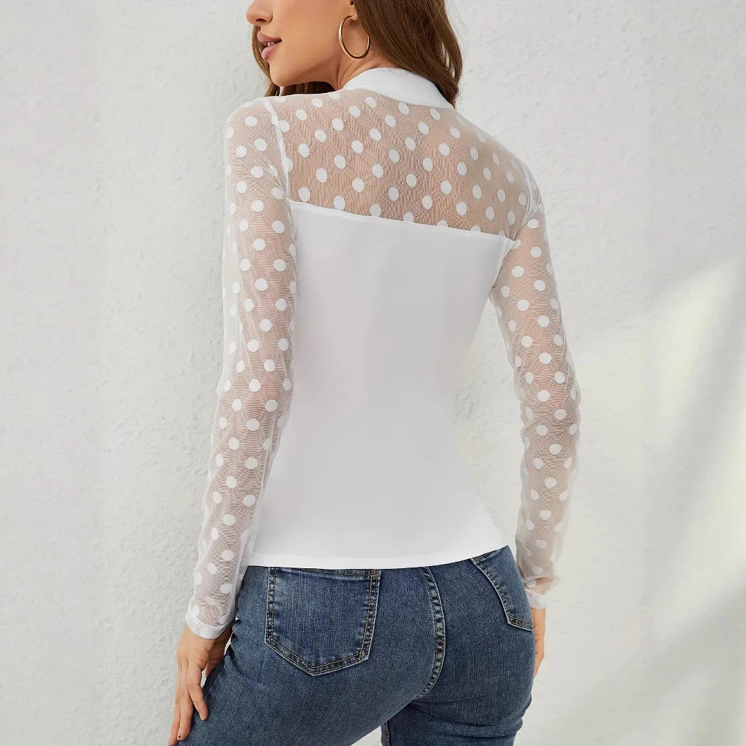 New Autumn Mesh Dot Splicing Women's Long-sleeved Tops with Small Stand-up Collar Pullovers to Make Them Look Slim and Versatile