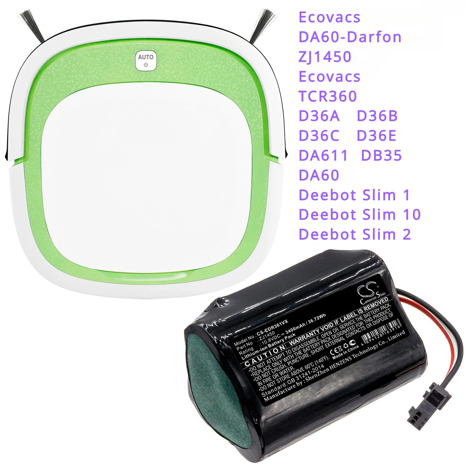 

2600mAh/3400mAh Vacuum Battery ZJ1450 DA60-Darfon for Ecova TCR360, D36A, D36B,D36C,D36E, DA611,DB35,DA60