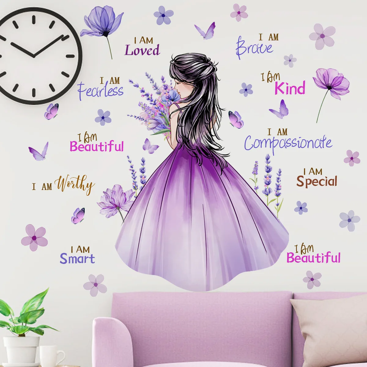 

Little Girl in Purple Skirt with Bouquet Butterfly Wall Sticker Removable Self-adhesive PVC Home Decor for Living Room Bedroom