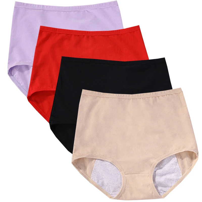 

4 шт., хлопковые менструальные трусики, женские менструальные трусики, большие размеры, с высокой талией, нижнее белье для периода, женские герметичные менструальные трусики